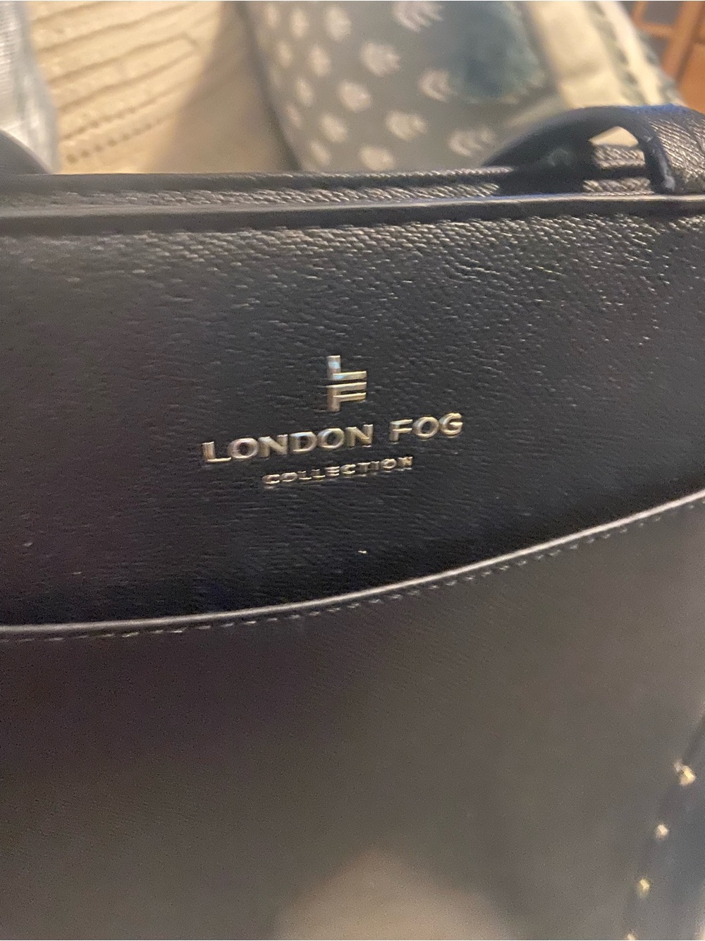 London Fog Black Leather Shoulder Tote with Gold Logo Accent